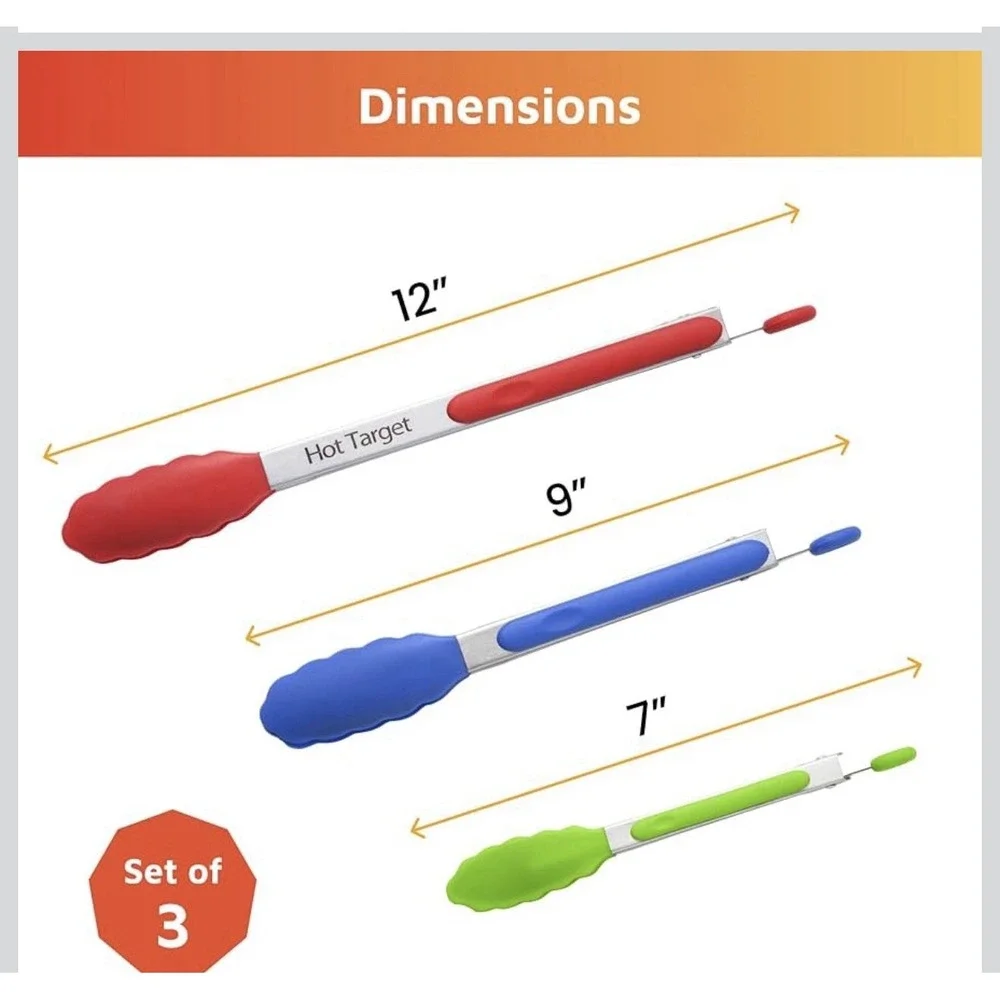 Hot Target 3 PCS Kitchen Tongs Set 7 9 12 Inch Silicone Tips Stainless Steel NEW